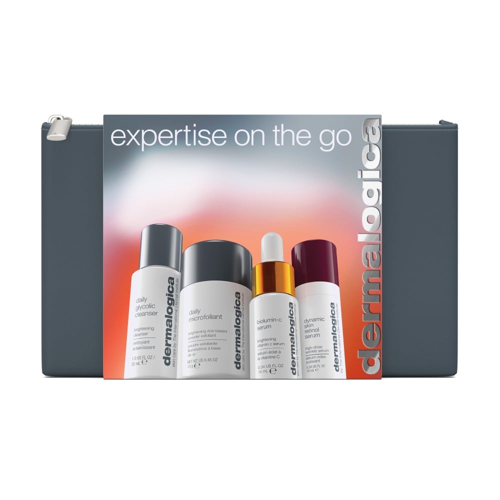 Тревел-набір для догляду за обличчям Dermalogica Expertise On The Go (очищувальний засіб, 30 мл + ексфоліант, 13 г + сироватка, 2*10 мл + косметичка)